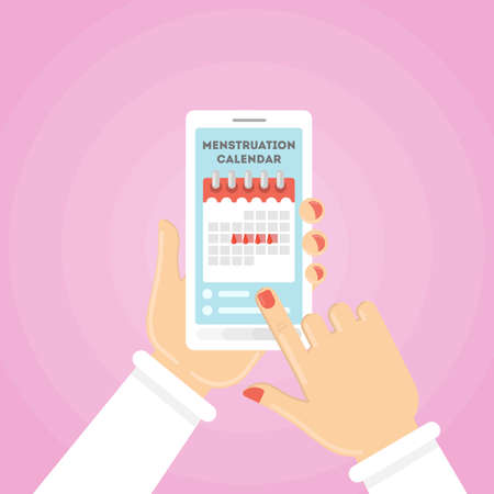 Menstruation calendar illustration. Red signs of menstrual cycle on the smartphone.のイラスト素材