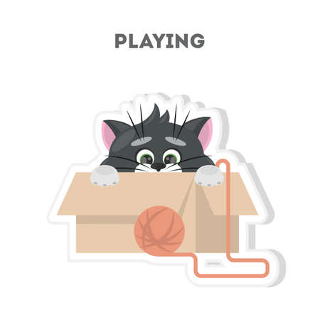 Cute playful cat. Isolated cartoon sticker on white background.のイラスト素材