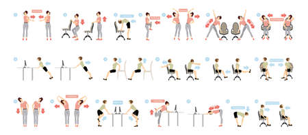 Sport exercises for office. Office yoga for tired employees with chair and table.のイラスト素材