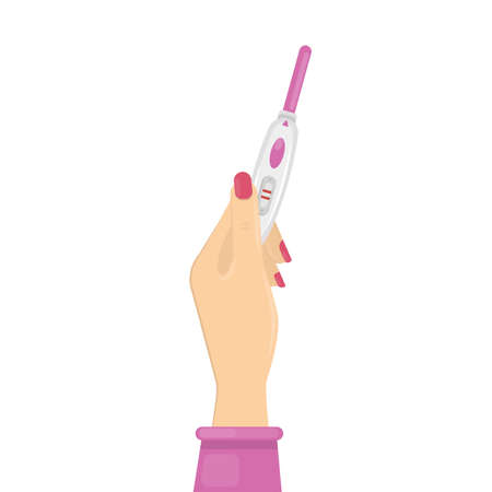 Woman with pregnancy test. Positive test with two red lines.のイラスト素材