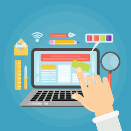 Website making illustration. Designing and making. Pencils, colours and moreのイラスト素材