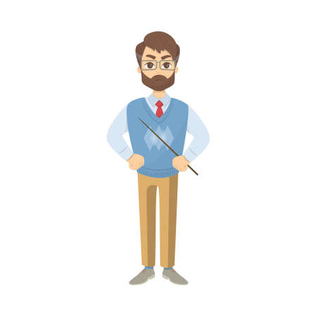 Isolated angry teacher with stick on white background.
