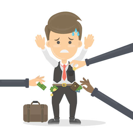 Business robbery concept illustration. Sad worried man with hands up is robbed by thieves.のイラスト素材