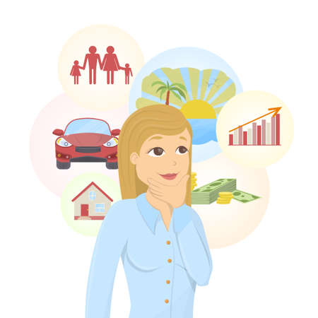 Isolated dreaming businesswoman with dream bubbles with family, money, car and more.のイラスト素材