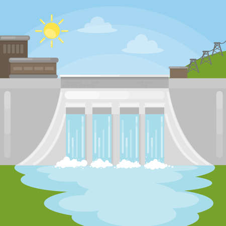 Hydropower dam illustration. Sun with water. Reneable energyのイラスト素材