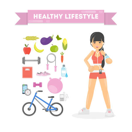 Healthy lifestyle concept on white background. Woman with fresh food and active sport.のイラスト素材