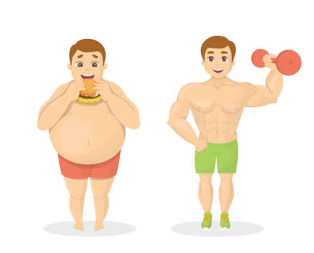 Fat and fit men. Obese man with junk food. Fit man with dumbell.のイラスト素材