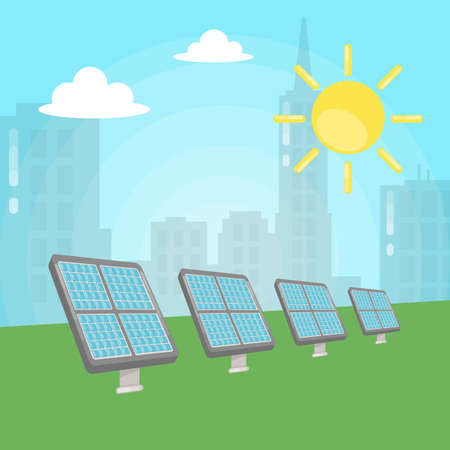 Solar battery illustration. Pannels outside with sun shining. Renewal energy.のイラスト素材