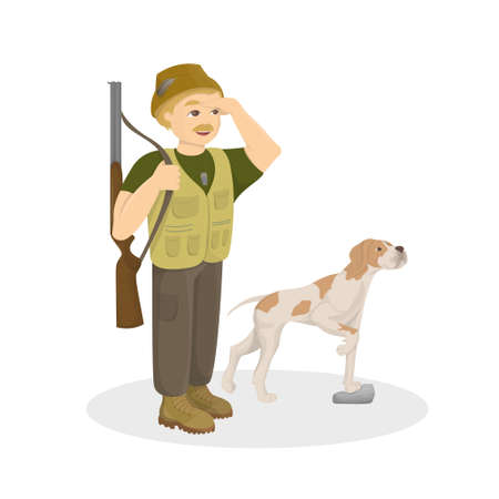 Hunter with dog. Hunt with gun and best friend on white background.のイラスト素材