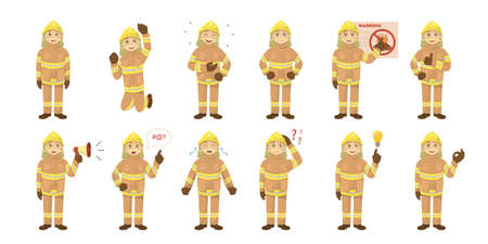 Fireman emoji set on the white background. Man in unifrom. Happy, angry or sad.のイラスト素材