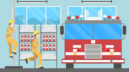 Firefighters at the station. Rescue team on the mission.のイラスト素材