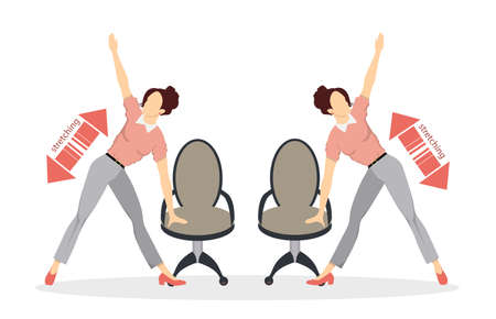 Sport exercises for office. Office yoga for tired employees with chair and table. Stretching.のイラスト素材