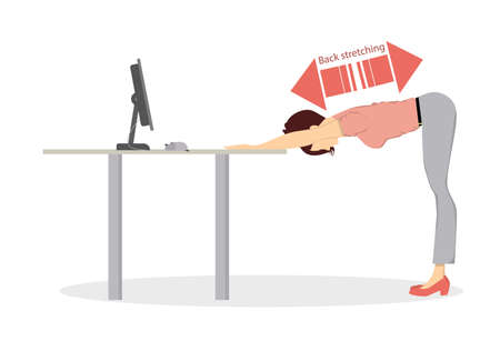 Sport exercises for office. Office yoga for tired employees with chair and table. Back stretching.のイラスト素材