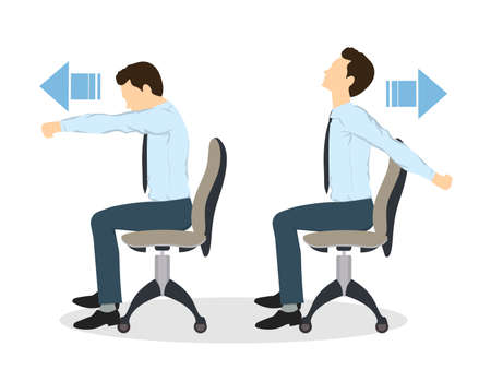 Sport exercises for office. Office yoga for tired employees with chair and table. Shoulder stretching.のイラスト素材