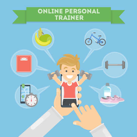 Personal fitness trainer online. Smartphone with icons.のイラスト素材