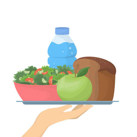 Hand holds healthy meal. Apple and salad, water and bread.のイラスト素材