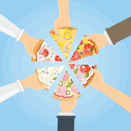Hands holding pizza. Symbol of togetherness, sharing and friendship.のイラスト素材