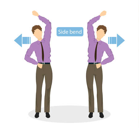 Sport exercises for office. Office yoga for tired employees with chair and table. Side bend.のイラスト素材