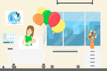 Newborn with mother in maternity hospital. Ward with ballons.のイラスト素材