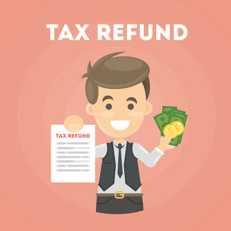 Tax refund document. Taking money back. Happy businessmanのイラスト素材