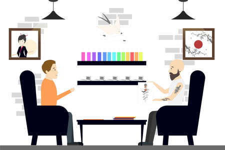 Tattoo studio interior. Tattoo master and customer on consultation.のイラスト素材