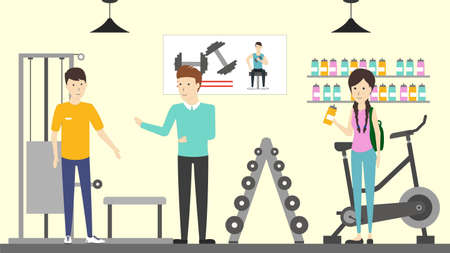 Sport store interior. Salespeople with visitors. Buying sports machines for weight training.のイラスト素材