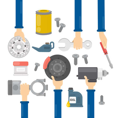 Car repair hands. Hands holding equipment for repairing automobiles as oil, wheel and more.のイラスト素材