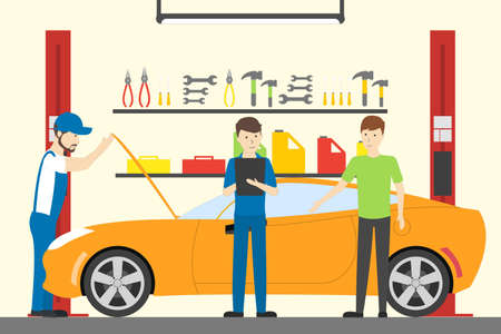 Men working at car service. Car with opened bonnet. Car repair.のイラスト素材