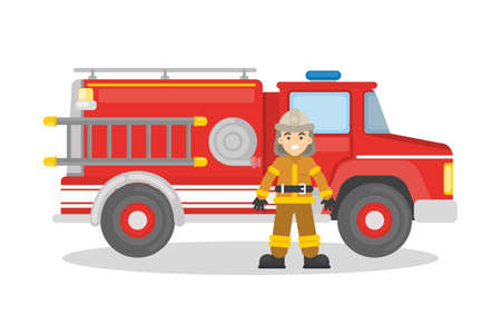 Fire truck with firefighter. on white background. Man in outfit with red car.のイラスト素材