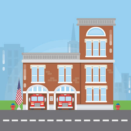 Fire department building. Fire station with fire trucks.のイラスト素材