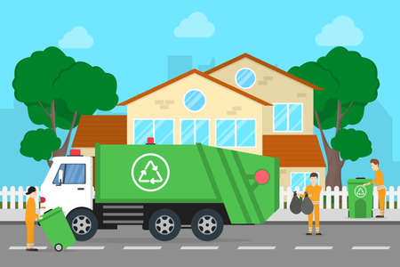 Working with garbage truck. People throw garbage at the bins.のイラスト素材