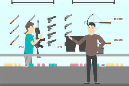 People at gun shop. Choosing the best weapon. Pistols, knives and more.のイラスト素材