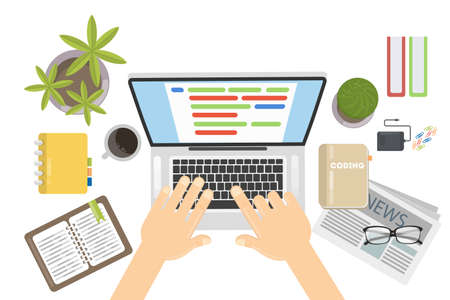 Coding on laptop. Hands typing on keyboard. Desktop with plant, notebook and devices.のイラスト素材