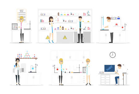 Isolated laboratory set on white background. Biologists and chemists developing new things.のイラスト素材