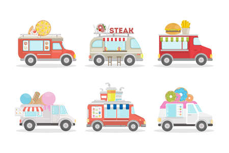Food vans set on white background. Different types of van as ice cream, donut and drinks.のイラスト素材