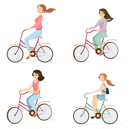 Girls on bike set. Funny cartoon illustrations on white background.のイラスト素材