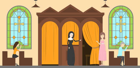Confessional room at church, decorative glass and crosses and nuns with visitorsのイラスト素材