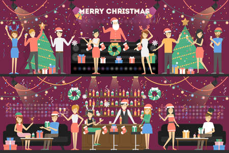 Merry christmas party. People having fun at the club with Santa dj.のイラスト素材