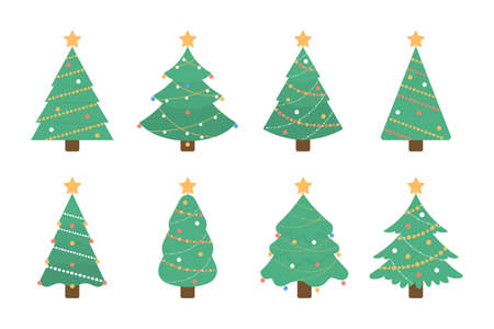 Christmas tree set. Isolated green tree illustartion with decorative toys and stars on white background.のイラスト素材