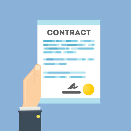 Hand with contract, sign and stamp. Paper of agreement.のイラスト素材
