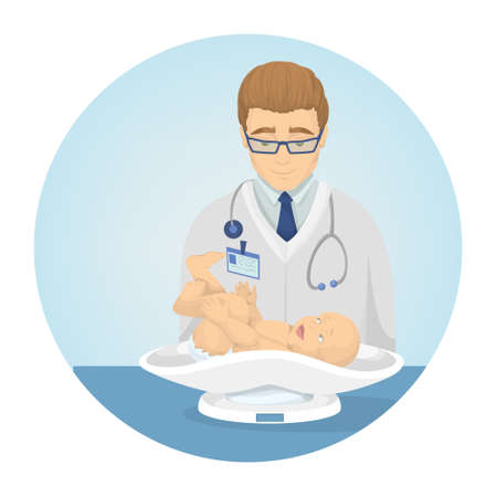Doctor weights the baby. Babay care. Doctor with child.のイラスト素材