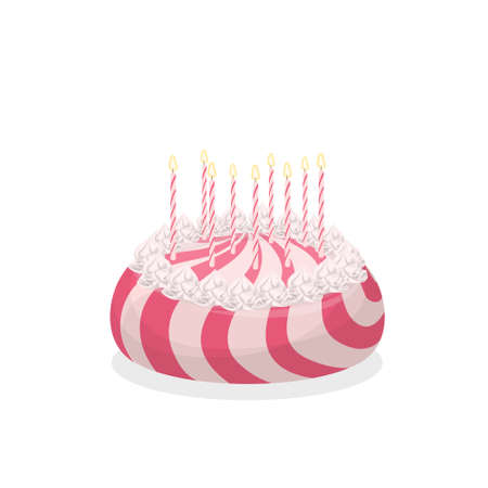 Isolated birthday cake on white background. Big pink and white cake with candles.