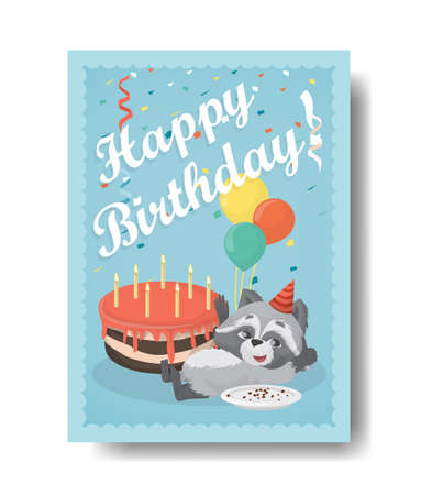 Happy birthday raccoon with cake. Birthday gift card with decoration.のイラスト素材