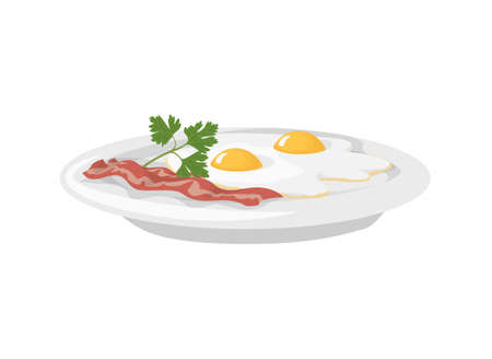 Isolated breakfast fried eggs with bacon on a plate on white background.のイラスト素材
