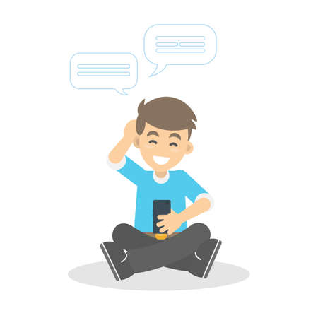 Boy chatting using smartphone. Young smiling man with phone messaging.のイラスト素材