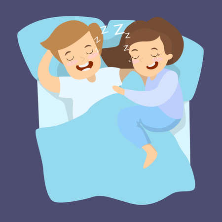 Sleeping snoring couple. Man and woman hugging in bed.のイラスト素材