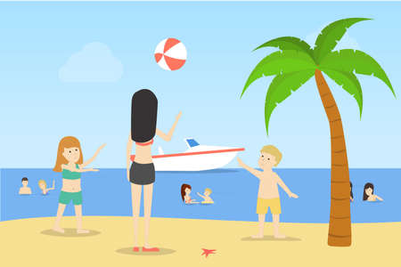 Playing with ball at the beach. People having fun. Boat at the sea.のイラスト素材