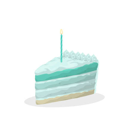 Isolated blue birthday cake piece with candle on white background.のイラスト素材