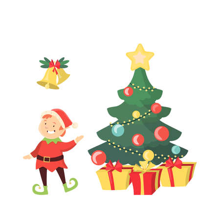 Christmas tree with elf and bells on white background.のイラスト素材