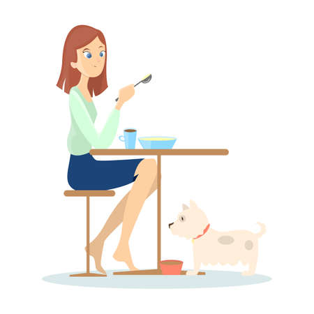 Woman having breakfast at the table with dog on white background.のイラスト素材